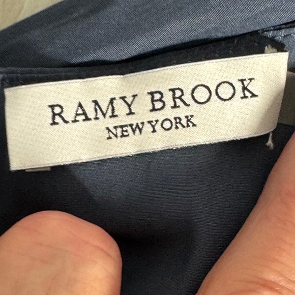 Ramy Brook Hayley Navy Cinch Tie Waist Asymmetrical Lace Hem Midi Dress Sz L - Picture 9 of 11